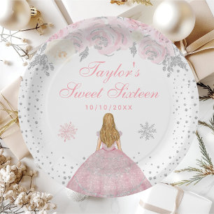 Pink Winter Blonde Hair Princess Sweet Sixteen Paper Plates