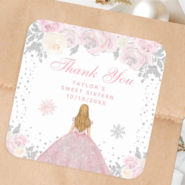 Pink Winter Blonde Hair Princess Sweet Sixteen Square Sticker (Creator Uploaded)