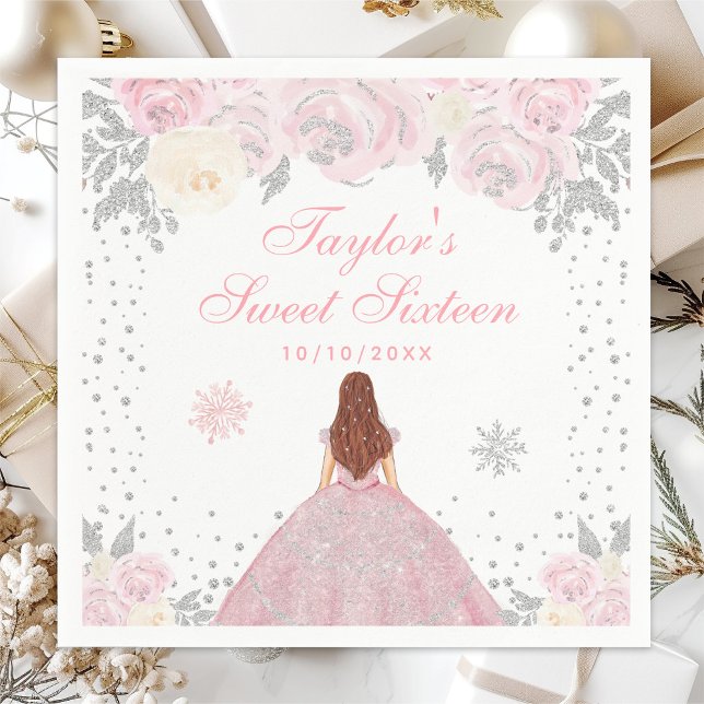 Pink Winter Brown Hair Princess Sweet Sixteen Napkins (Creator Uploaded)