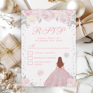 Pink Winter Brown Hair Princess Sweet Sixteen RSVP Card