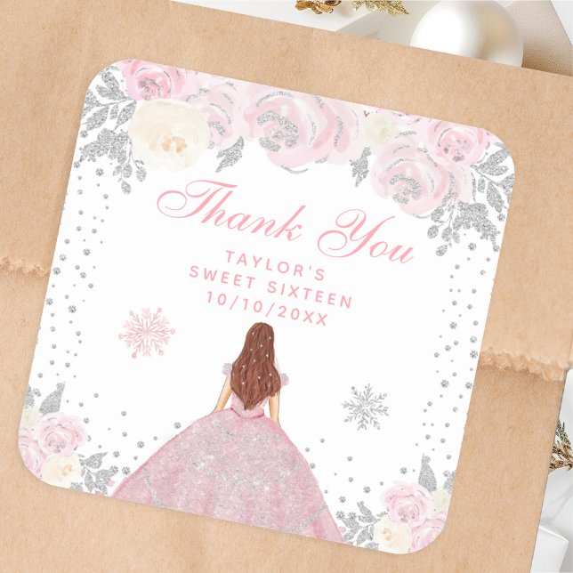 Pink Winter Brown Hair Princess Sweet Sixteen Square Sticker (Creator Uploaded)