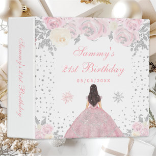 Pink Winter Brunette Hair Princess Birthday Party 3 Ring Binder