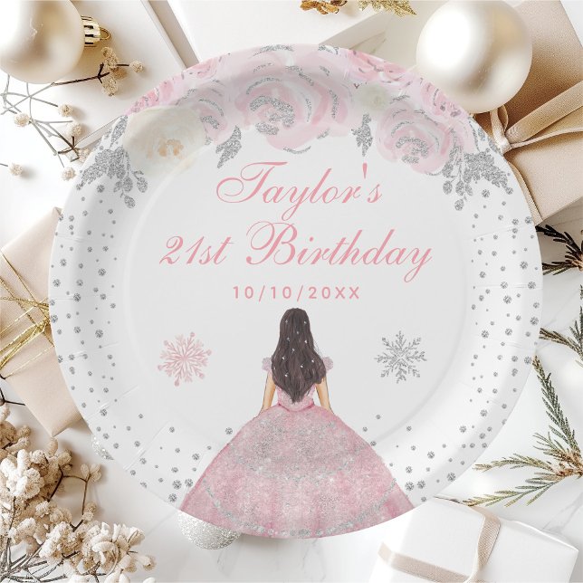 Pink Winter Brunette Hair Princess Birthday Party Paper Plates (Creator Uploaded)