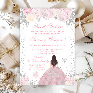 Pink Winter Brunette Hair Princess Sweet Sixteen Invitation
