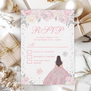 Pink Winter Brunette Hair Princess Sweet Sixteen RSVP Card