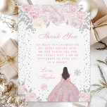 Pink Winter Brunette Hair Princess Sweet Sixteen Thank You Card<br><div class="desc">This elegant and glamorous thank you card features a beautiful princess with brunette hair and fair skin in a pink ball gown. The text combines handwritten script and modern sans serif fonts for a classy and sophisticated look. The floral arrangements, snowflakes and silver confetti create the perfect blend of rustic...</div>