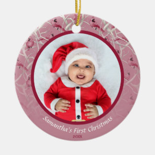 Pink Winter Cardinal Baby Personalized Photo Ceramic Ornament