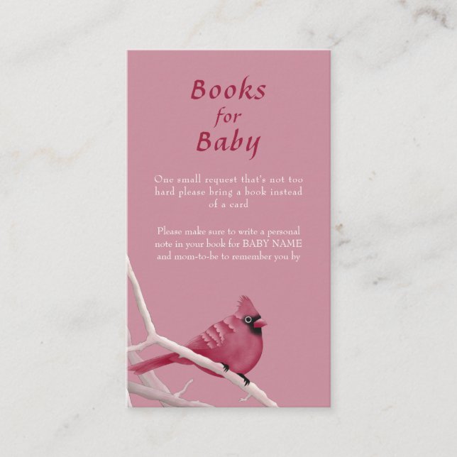 Pink Winter Cardinal Bird Baby Shower Book Request Enclosure Card (Front)