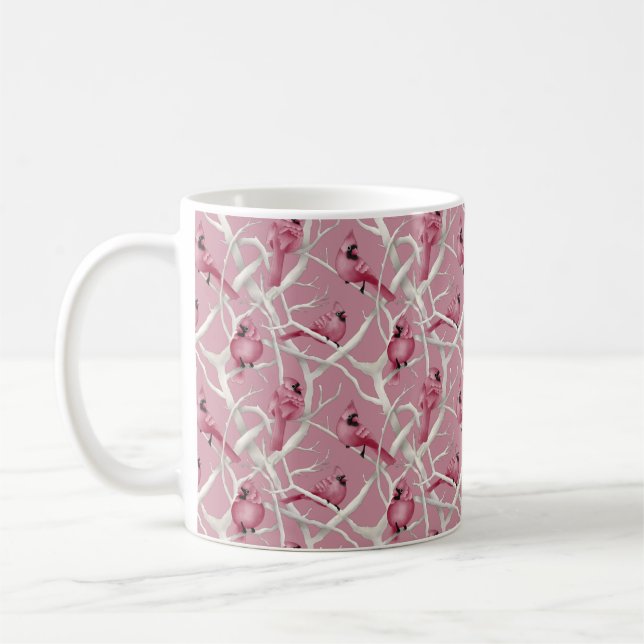 Pink Winter Cardinal Birds Pattern Coffee Mug (Left)
