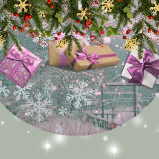 Pink Winter Christmas Country Scene Fleece Tree Skirt