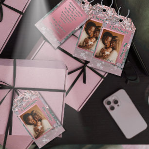 Pink Winter Christmas Family Photo Gift Tags