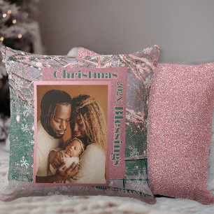 Pink Winter Christmas Family Photo Throw Pillow