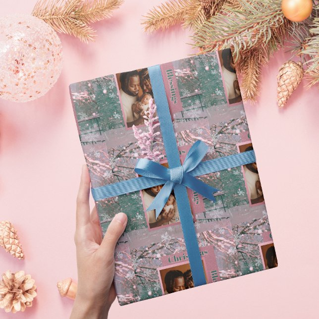 Pink Winter Christmas Family Photo Wrapping Paper (Creator Uploaded)