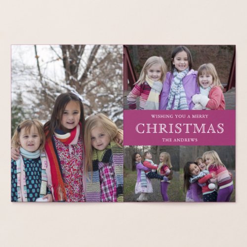 Pink Winter Christmas Photo Collage Foil Card