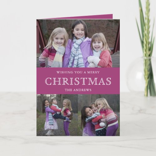 Pink Winter Christmas Photo Collage Holiday Card