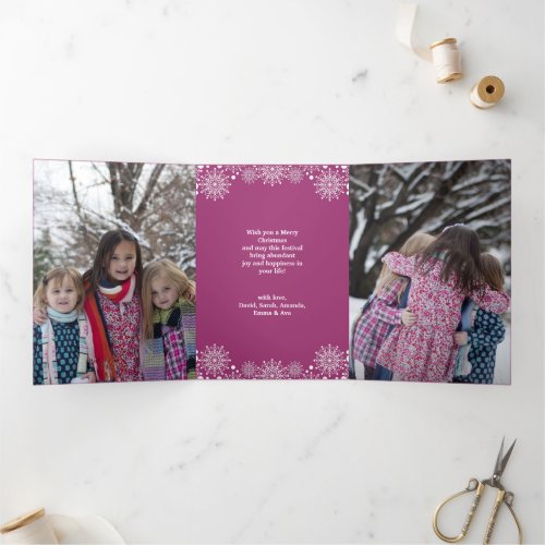 Pink Winter Christmas Photo Collage Tri_Fold Holiday Card