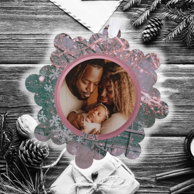 Pink Winter Christmas Snowflake Family Photo Ornament Card (Creator Uploaded)