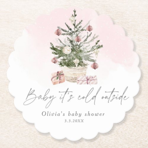 Pink winter Christmas tree baby shower Paper Coaster