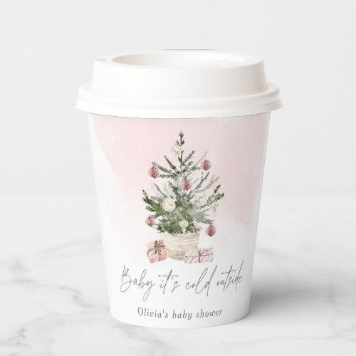 Pink winter Christmas tree baby shower Paper Cups