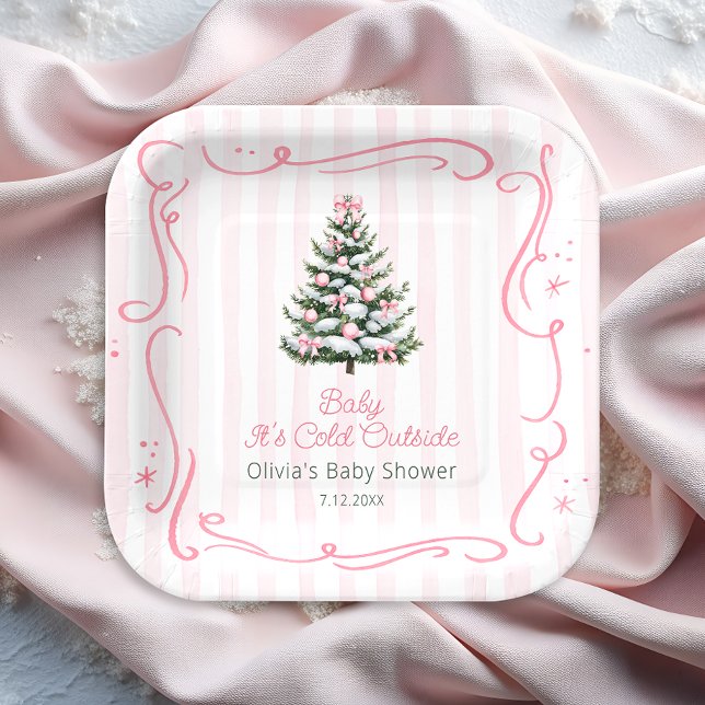 Pink Winter Christmas Tree Baby Shower Paper Plates (Creator Uploaded)