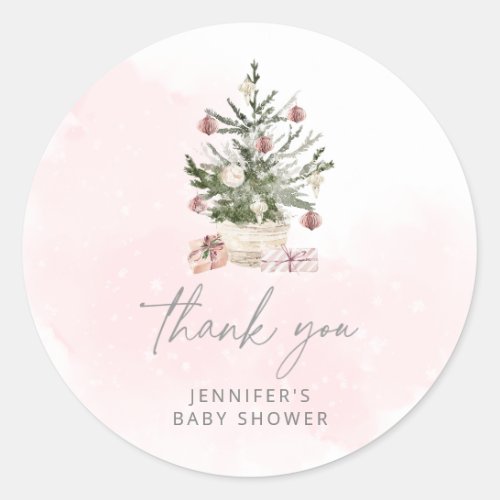 Pink winter Christmas tree baby shower thank you Classic Round Sticker