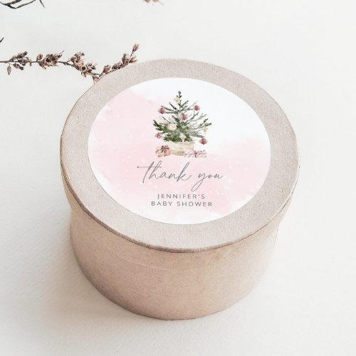 Pink winter Christmas tree baby shower thank you Classic Round Sticker