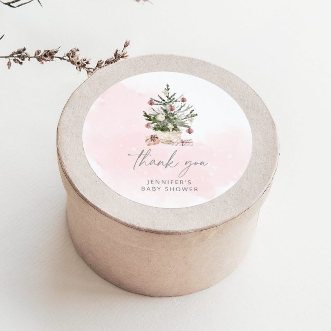 Pink winter Christmas tree baby shower thank you Classic Round Sticker (Creator Uploaded)