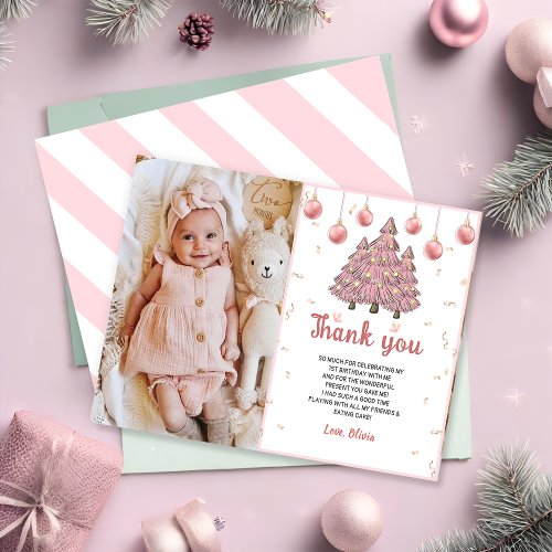Pink Winter Christmas Tree Birthday Photo Thank You Card
