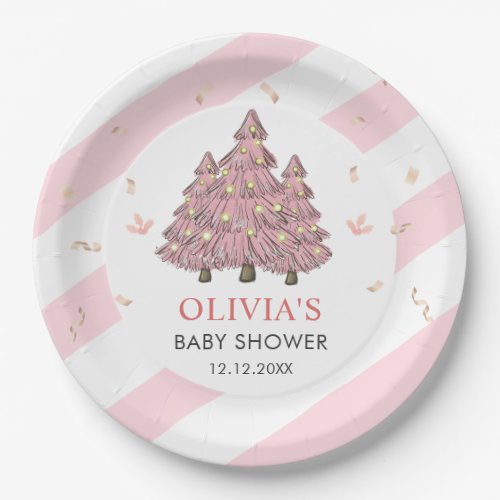 Pink Winter Christmas Tree Santa Baby Shower Paper Plates