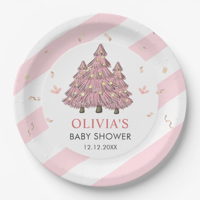 Pink Winter Christmas Tree Santa Baby Shower Paper Plates (Front)