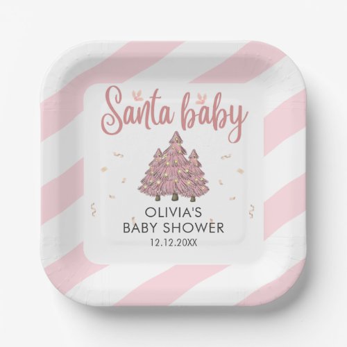 Pink Winter Christmas Tree Santa Baby Shower Paper Plates