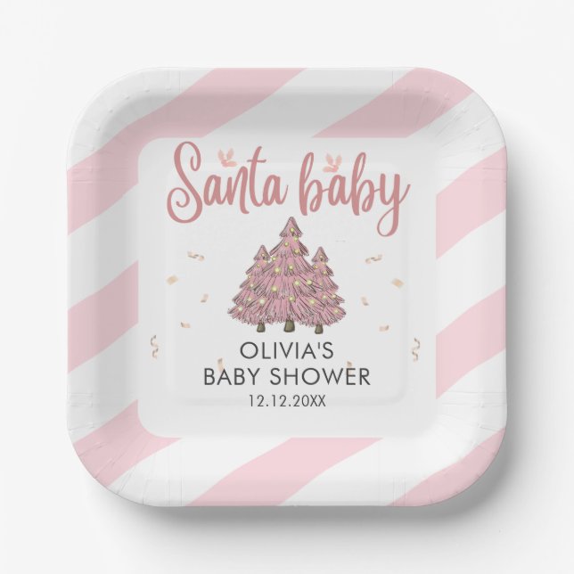 Pink Winter Christmas Tree Santa Baby Shower Paper Plates (Front)