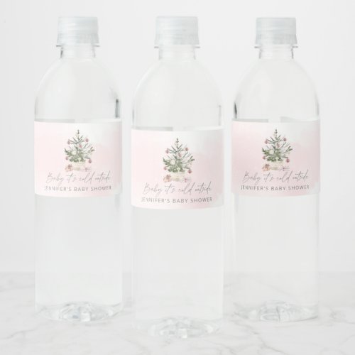 Pink winter christmas tree Water Bottle Label