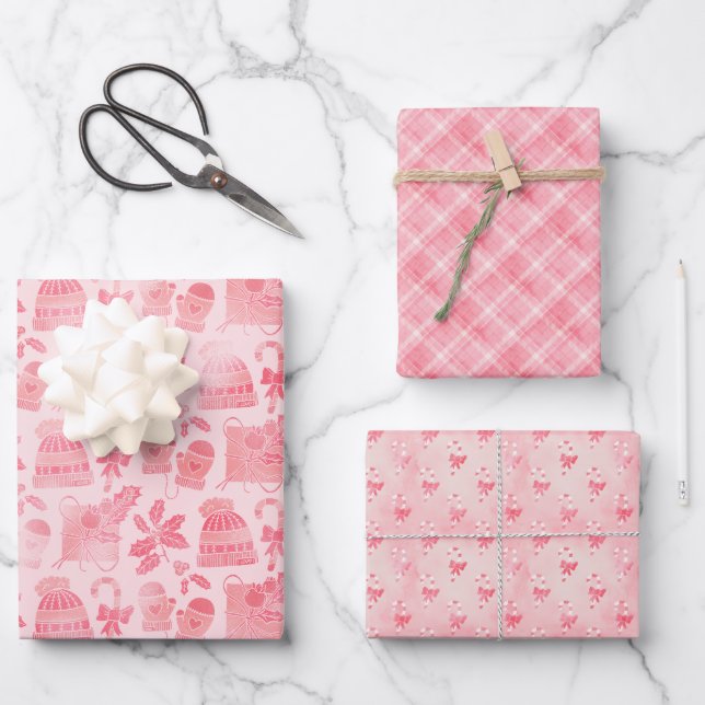 Pink Winter Christmas Wrapping Paper Sheets (Front)