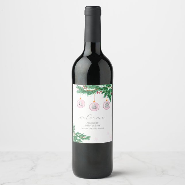 Pink Winter Clothes Ornaments Baby Shower Welcome  Wine Label (Front)