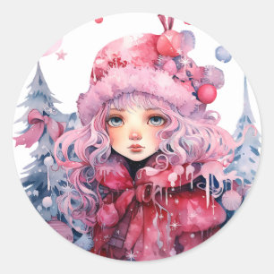 Pink Winter Coat Cute Big Eyes Girl Christmas Snow Classic Round Sticker