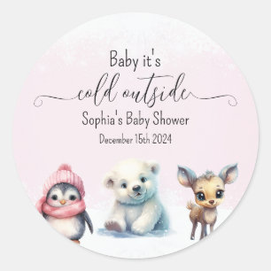 Pink Winter Cold Outside Girl Baby Shower Classic Round Sticker