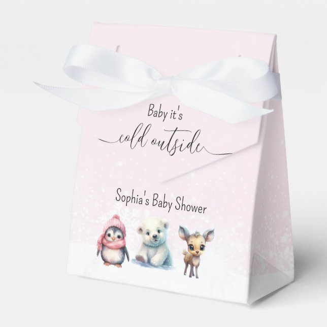 Pink Winter Cold Outside Girl Baby Shower Favor Boxes (Front Side)