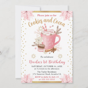 Pink Winter Cookies and Cocoa 1st Birthday Invitation