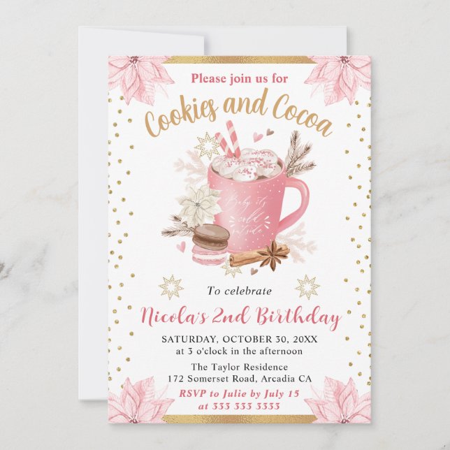 Pink Winter Cookies & Cocoa Birthday Party Invitation (Front)