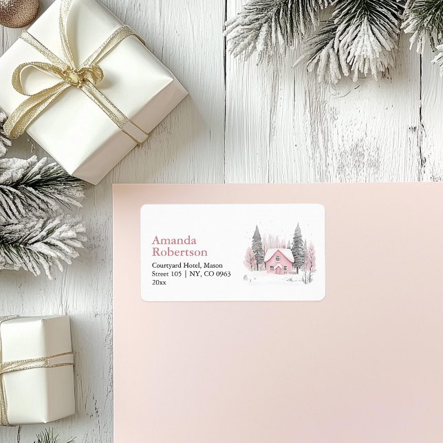 Pink Winter Cottage Christmas Address Label (Creator Uploaded)