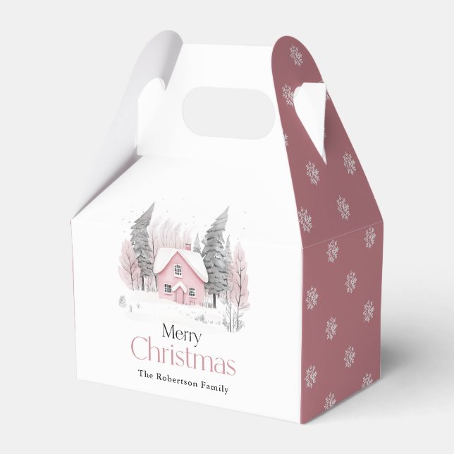 Pink Winter Cottage Christmas Favor Boxes (Front Side)