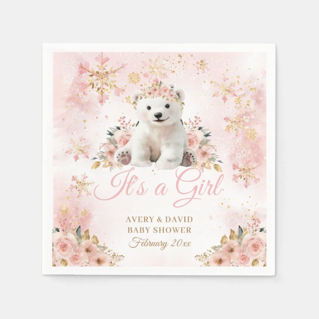 Pink Winter Cute Bear Its a Girl Baby Shower Napkins (Front)