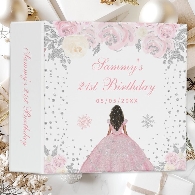 Pink Winter Dark Skin Princess Birthday Party 3 Ring Binder (Creator Uploaded)