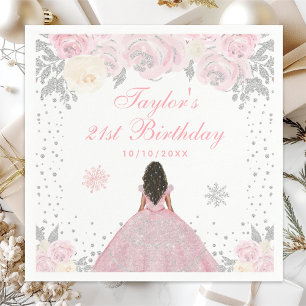 Pink Winter Dark Skin Princess Birthday Party Napkins