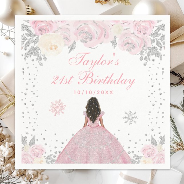 Pink Winter Dark Skin Princess Birthday Party Napkins (Creator Uploaded)