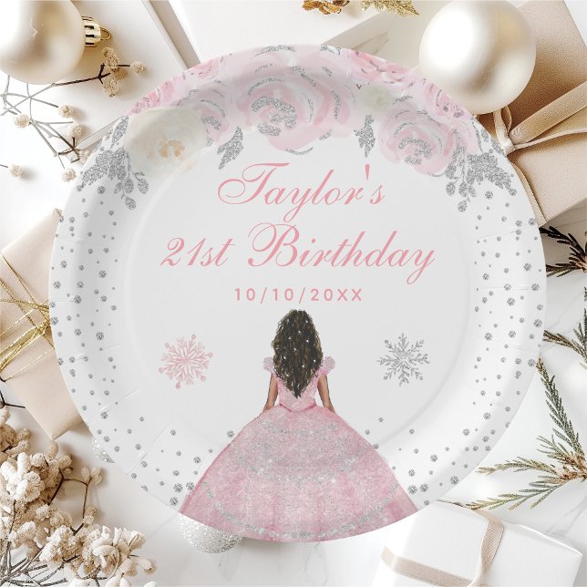 Pink Winter Dark Skin Princess Birthday Party Paper Plates (Creator Uploaded)