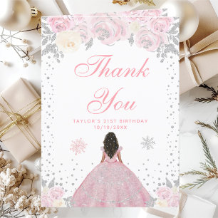 Pink Winter Dark Skin Princess Birthday Party Thank You Card