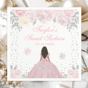 Pink Winter Dark Skin Princess Sweet Sixteen Napkins