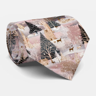 Pink Winter Deer Fantasy Castle Landscape (1) Neck Tie